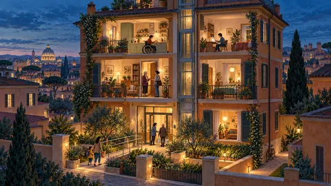 Illustrazione di un palazzo romano visto in sezione: persone di età diverse e con disabilità abitano spazi accessibili e si incontrano negli ambienti comuni.