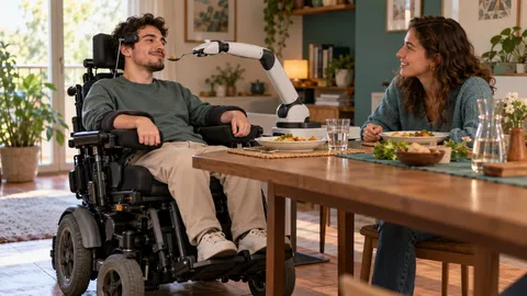 Illustrazione concettuale: un giovane con tetraplegia, con braccia sostenute sulla carrozzina elettrica, mangia grazie a un ausilio robotico mentre condivide il pasto con una coetanea.