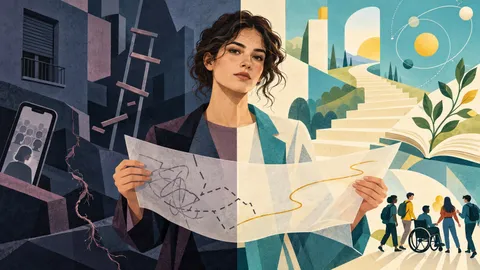 Illustrazione simbolica divisa in due: una giovane tiene una mappa tra precarietà e isolamento, a sinistra, e conoscenza, scienza e opportunità condivise, a destra.