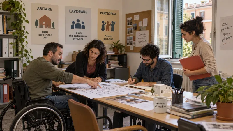 Illustrazione di un gruppo al lavoro su una pianta della casa