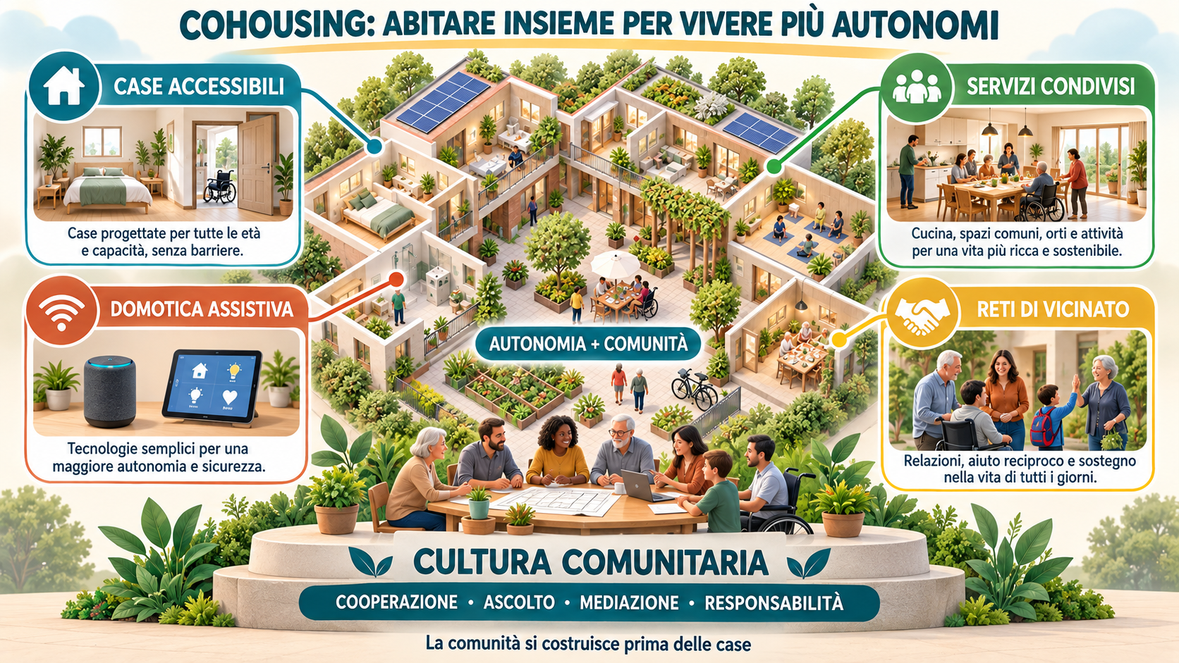 Immagine per: Cohousing: abitare insieme per vivere più autonomi Un sistema di vita contemporaneo che unisce casa, relazioni, servizi condivisi e tecnologie assistive